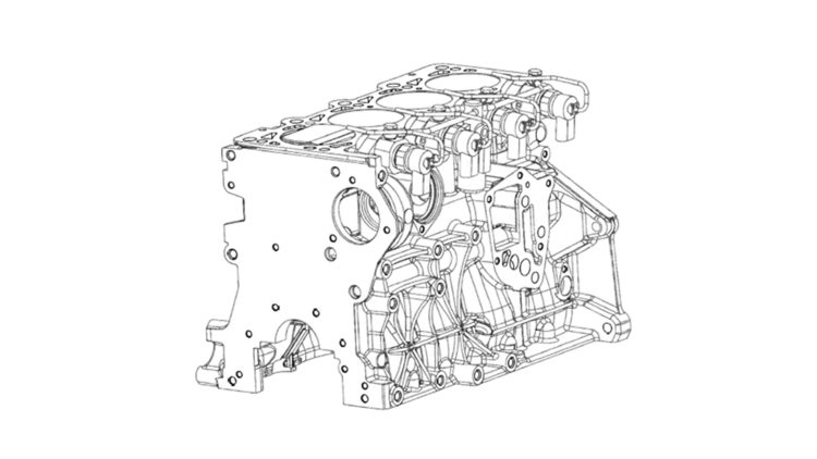 Fig. 1: Perspective view of the direct injection system applied to a cylinder crankcase (Source: Prof. K. Wittek, Heilbronn University of Applied Sciences)