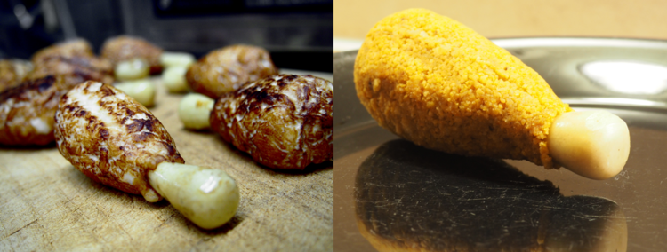 Demonstration items: Chicken drumsticks developed under the name "Crumbsticks" with crispy edible "bones" wrapped in chicken meat (left) or vegetarian or vegan meat substitutes (right). (Image source: University of Hohenheim)