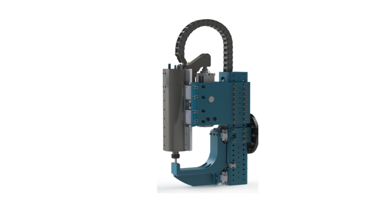Figure 1: CAD design of the second prototype of the friction stir welding gun (Steppwelder) (Source: Dominik Walz, MPA, University of Stuttgart)