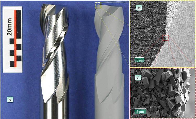 (A) Untreated milling cutter (left), treated milling cutter (right); (B/C) Enlarged sections of the tool surface after pre-treatment; © Foto: Fraunhofer IWM.