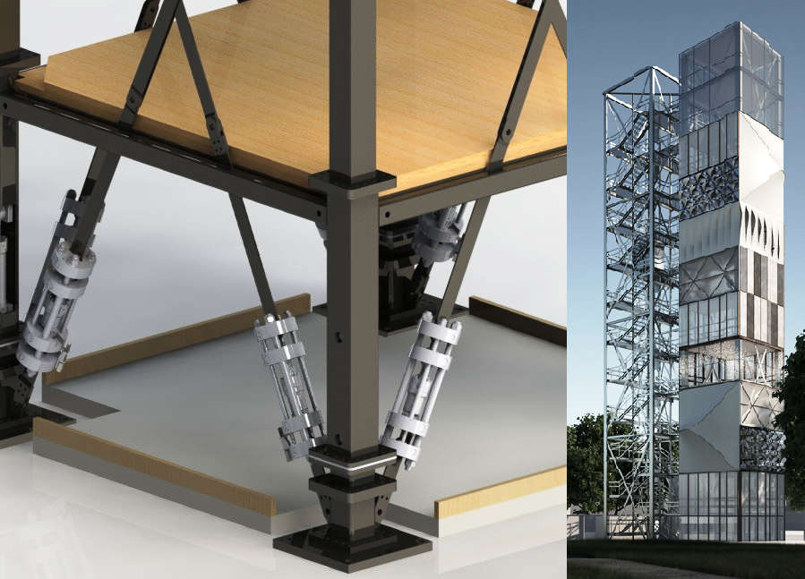 Fig. 1: CAD model of a supporting structure with integrated actuators in the diagonal braces (left) and the 36.5 m high demonstrator tower of the University of Stuttgart (right).