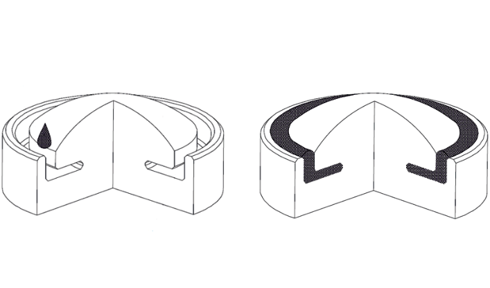 Schematic drawing of a lens with microcavity being filled with a functional substance (l.); lens with resulting diaphragm (r.) [Uni Stuttgart].